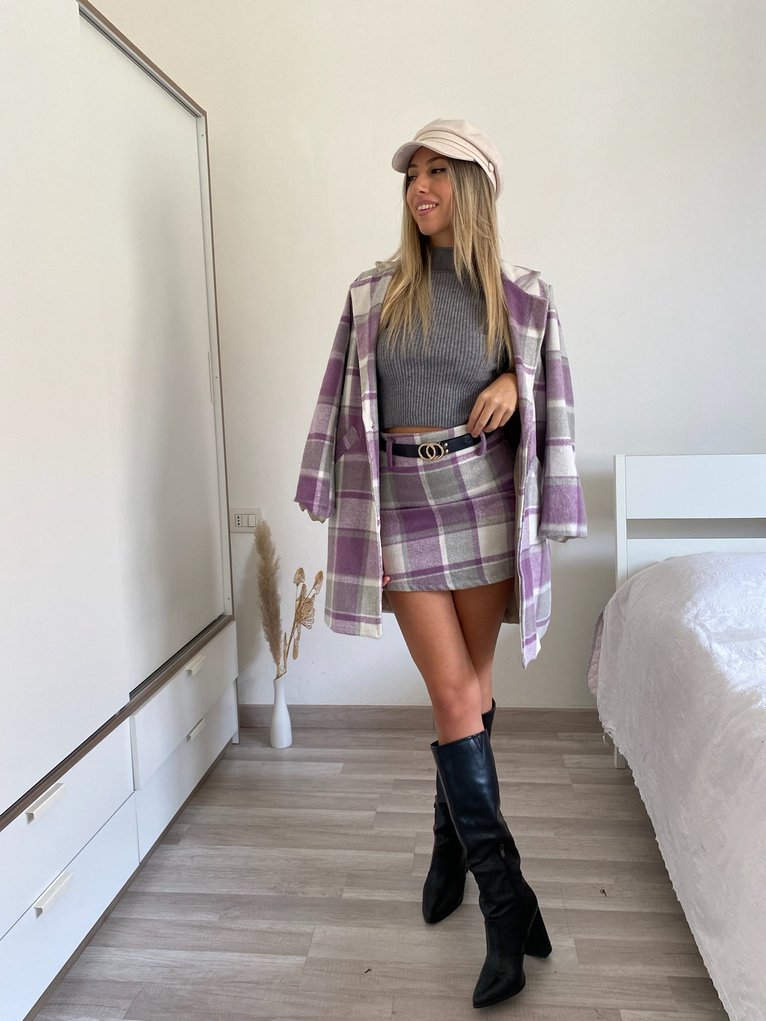 Cappotto check trama lilla