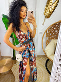 Abito in raso floreale con maxi spacco con foglie