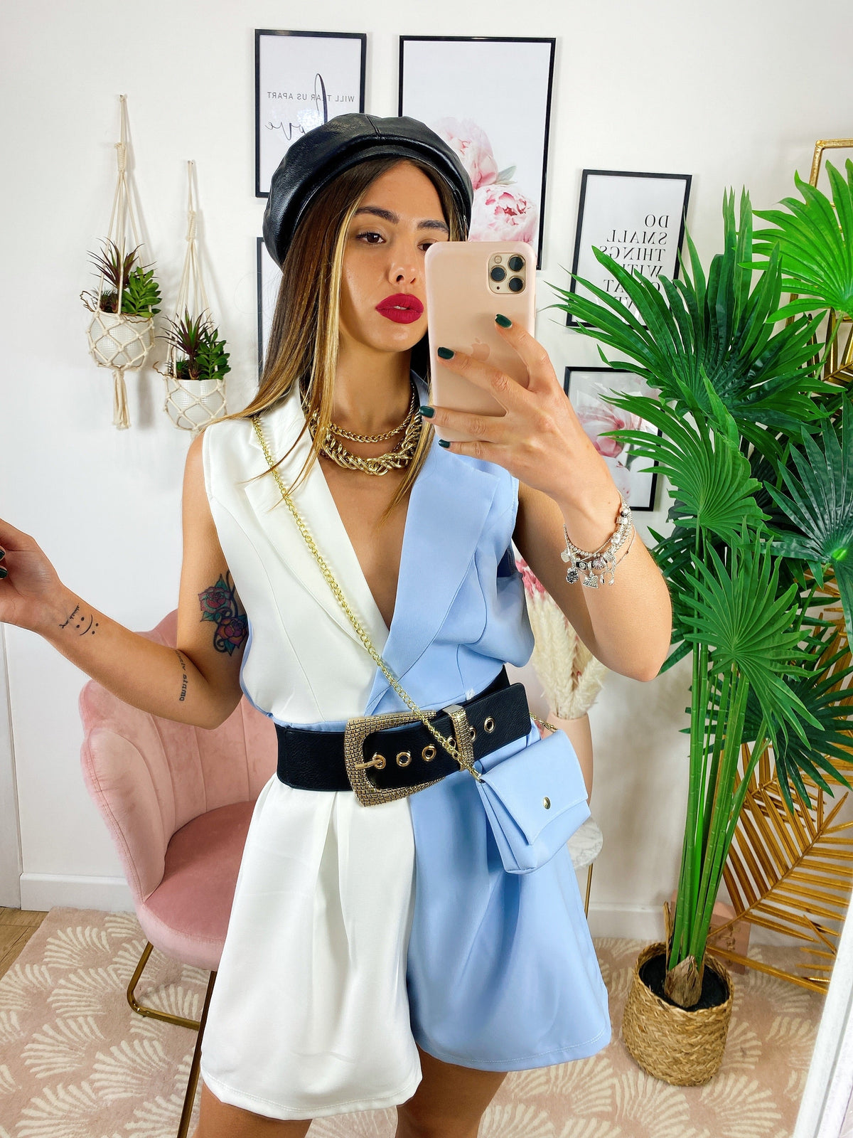 Tutina a Blazer bicolor con borsetta bianco Celeste