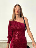 Abito con paillettes monospalla Bordeaux