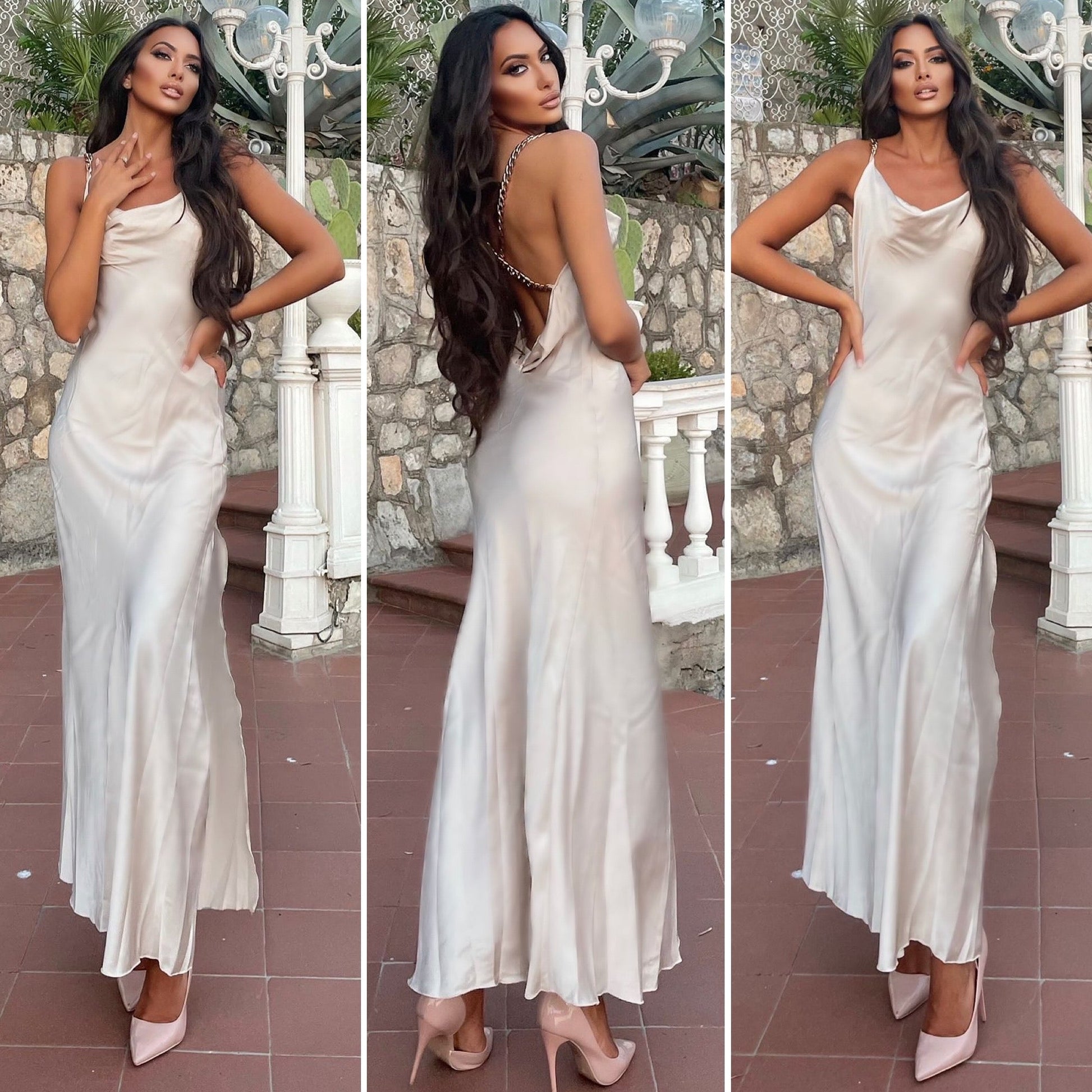 Abito beige lungo con catene