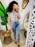 Maglia con spalline bombate e unicorni