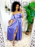 Abito in raso con maxi spacco lilla