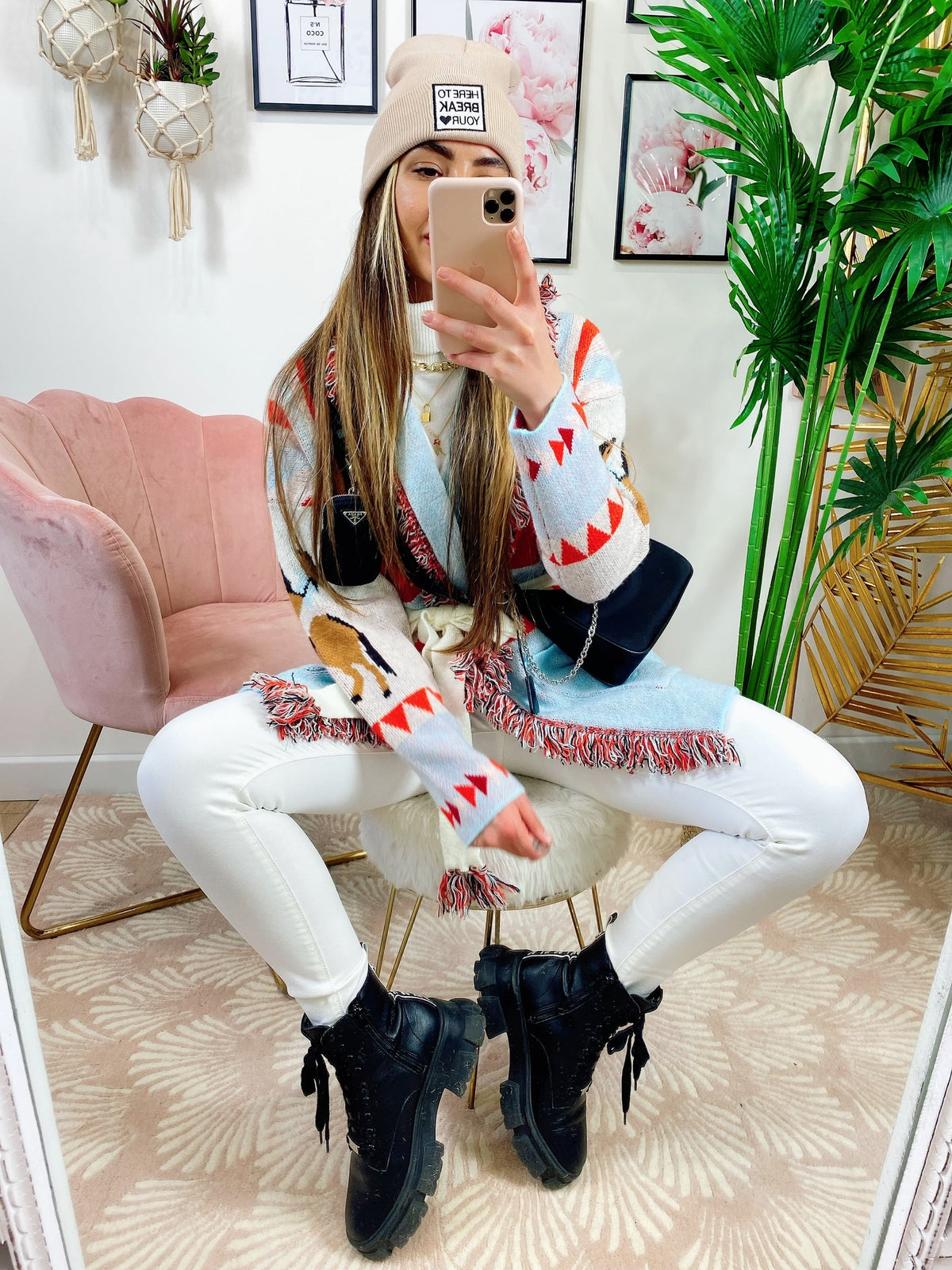 Cardigan con frange stampa cavallo Celeste