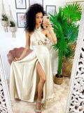 Abito in raso con maxi spacco incrociato beige