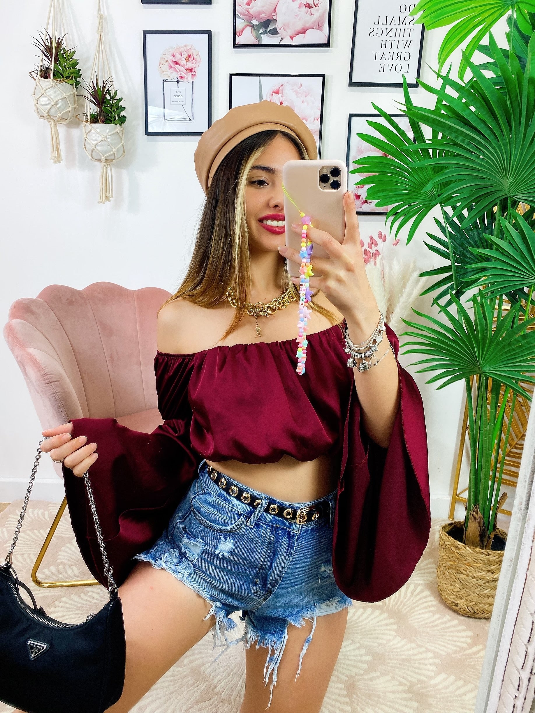 Top in raso manica lunga bordeaux
