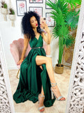 Abito in raso con maxi spacco verde bottiglia
