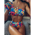 Bikini monospalla con rouge vita alta floreale