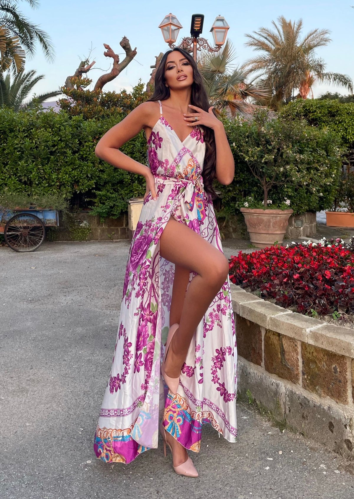 Abito con spacco fiori Fuxia