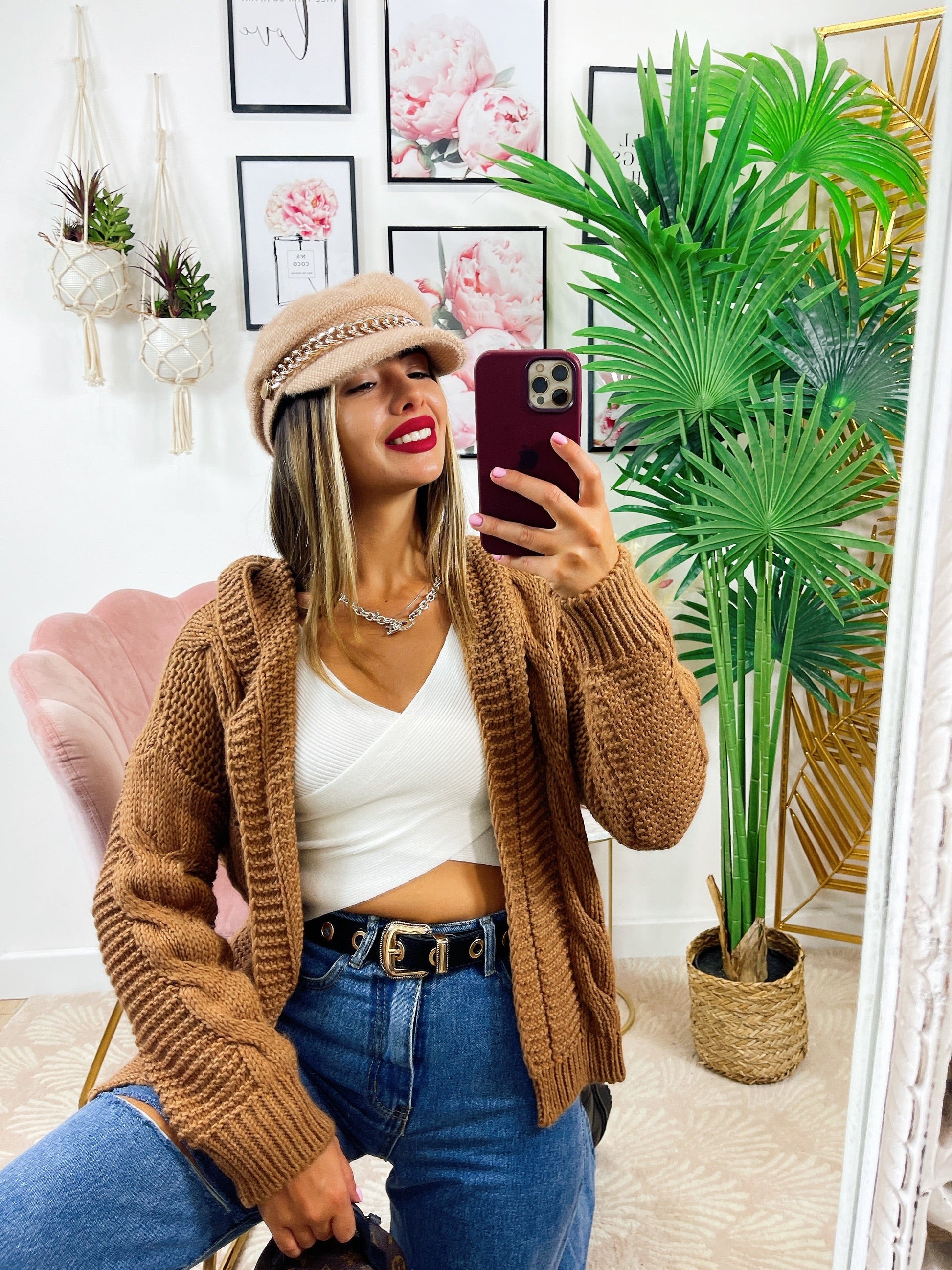 Cardigan camel con trecce