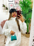 Maxi maglione collo alto con perle Bianco