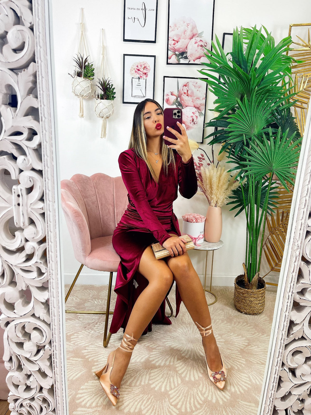 Abito lungo in velluto con maxi spacco Bordeaux