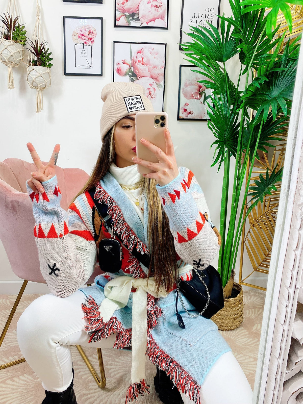 Cardigan con frange stampa cavallo Celeste