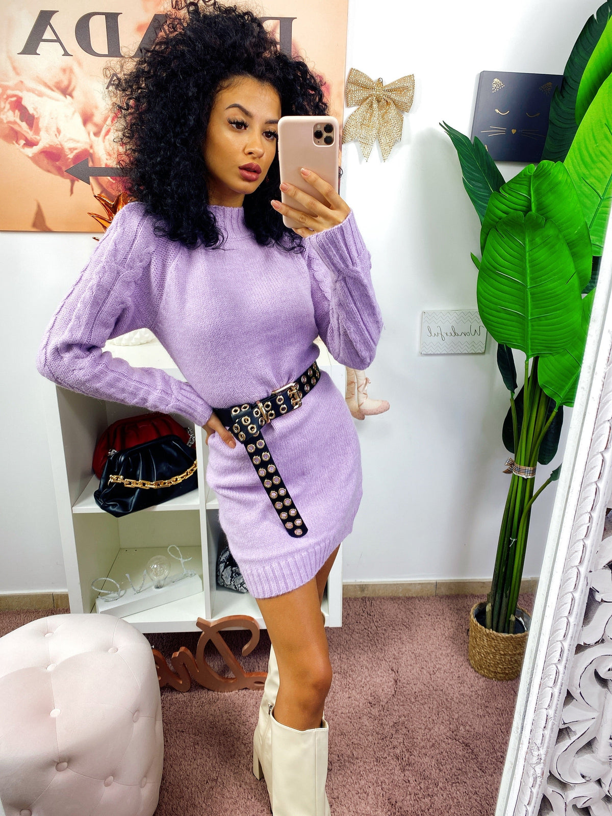 Abito in maglia con trecce e spalline Lilla