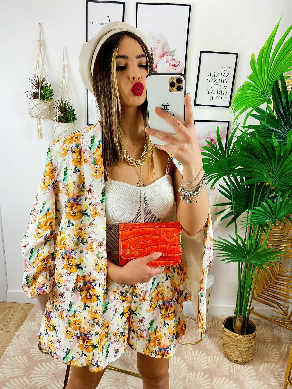 Completo Giacca e Short fiori Arancio