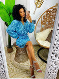 Abito con paillettes manica lunga azzurro