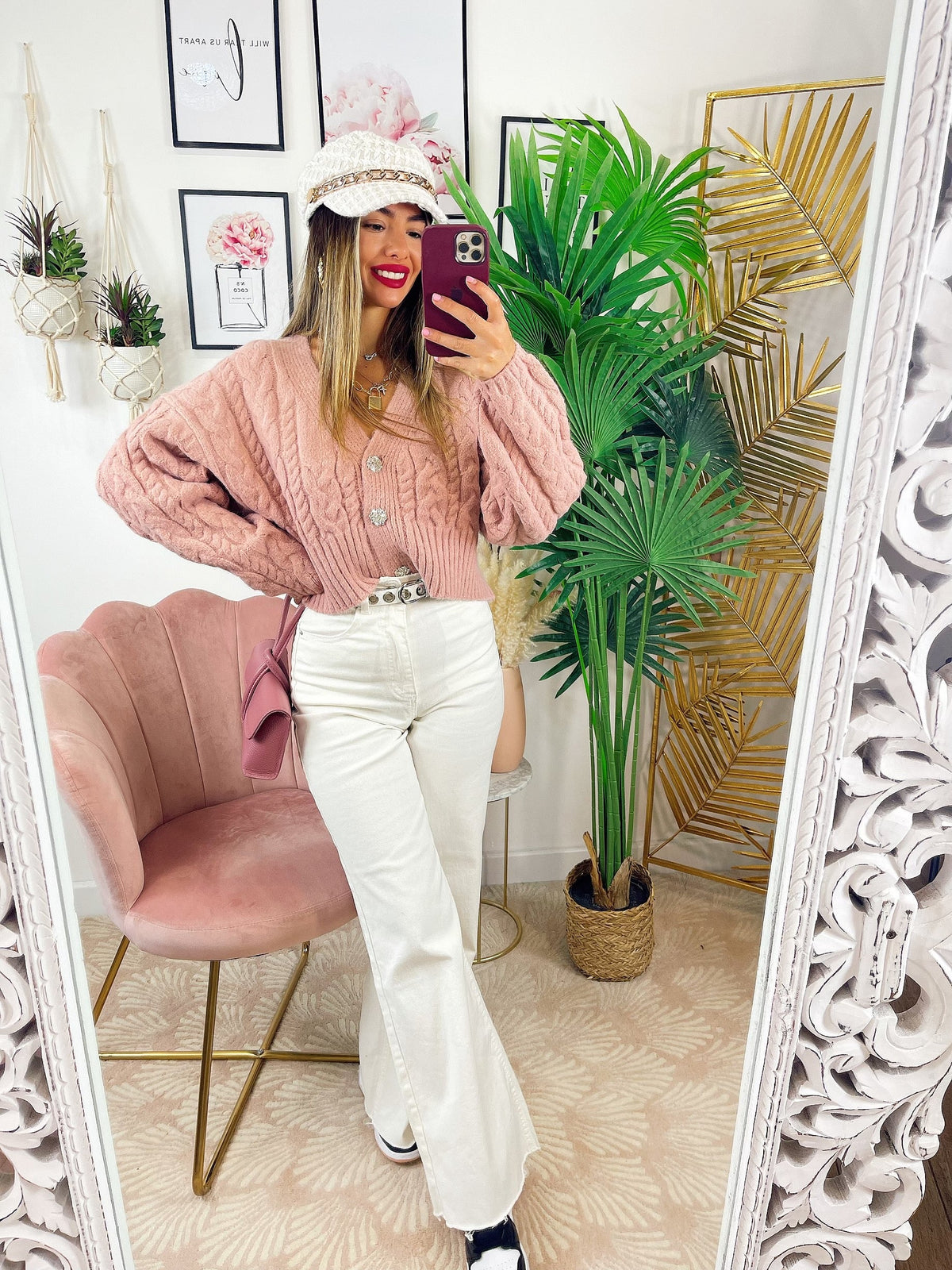 Maglione top quality rosa con gioiello in strass