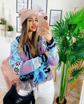 Cardigan corto frange e cinta base celeste
