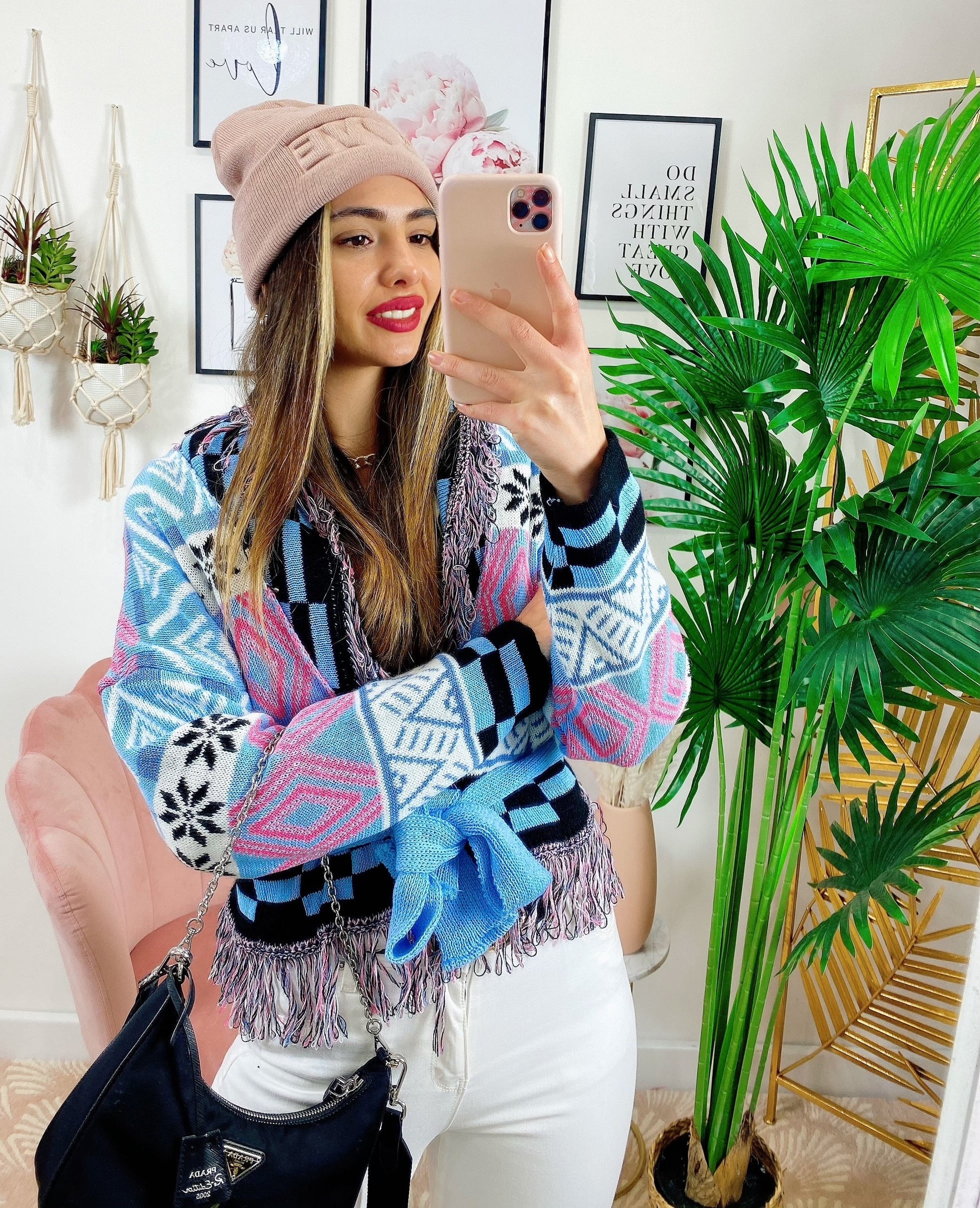 Cardigan corto frange e cinta base celeste