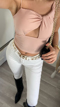 Top a costine rosa spallina larga