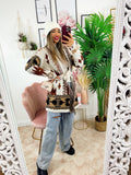 Cardigan Camel/Black con frange e cinta