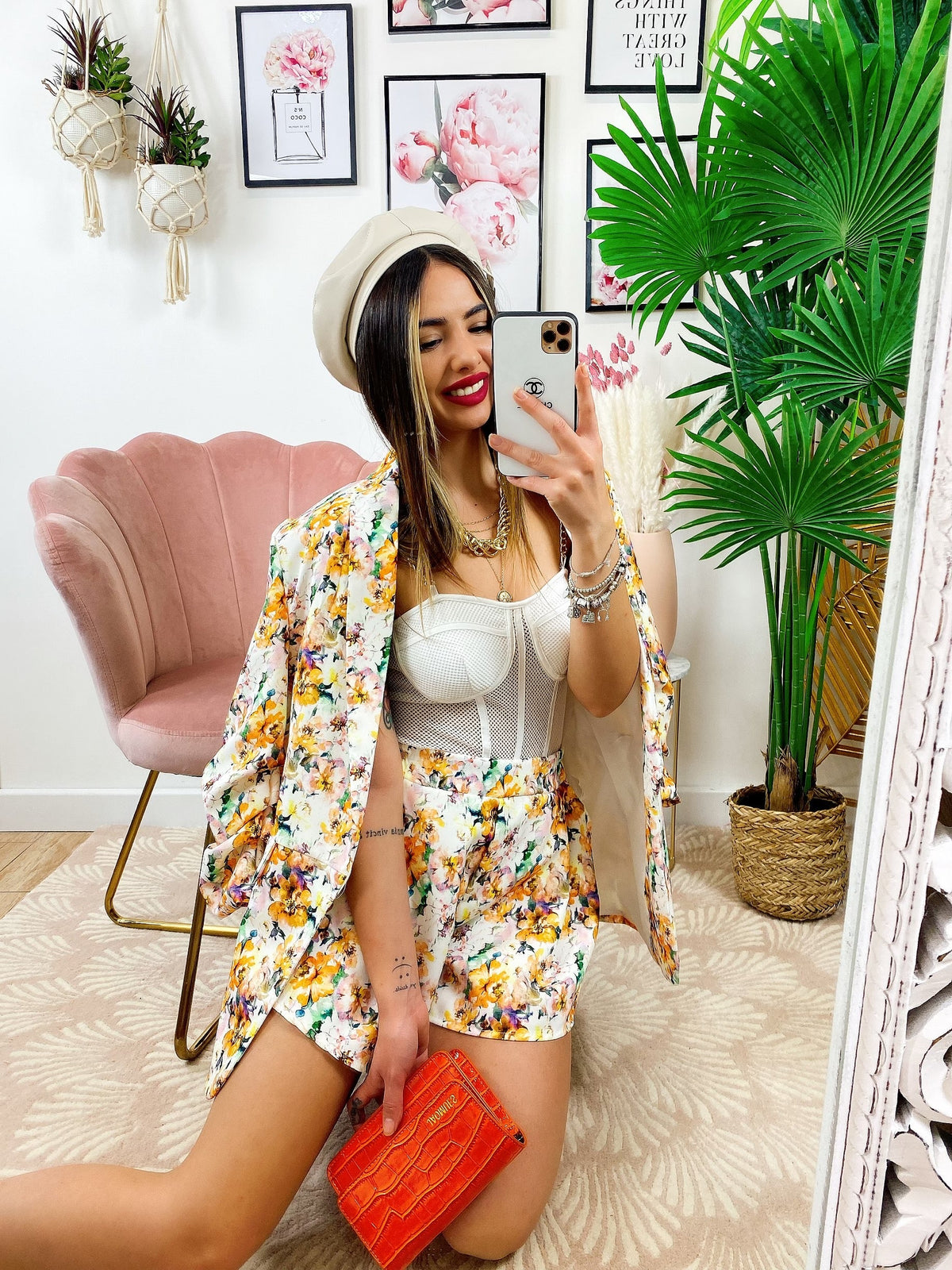Completo Giacca e Short fiori Arancio