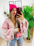 Cardigan maculato rosa con gioiello