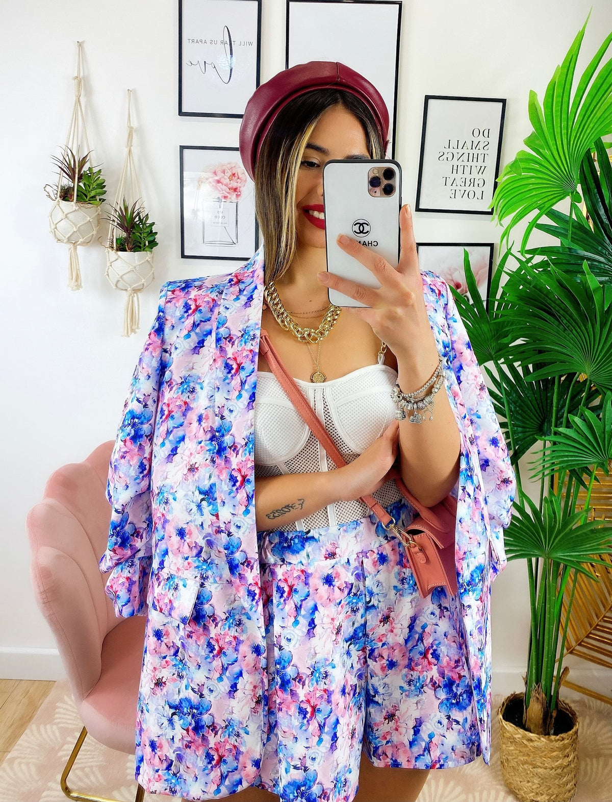 Completo Giacca e Short fiori celesti