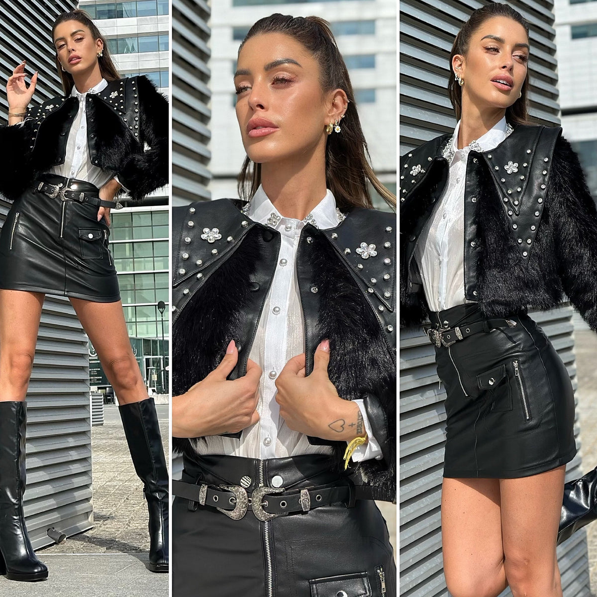 Giacca crop con pelo e strass