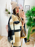 Giacca a quadri Beige nero lunga con frange