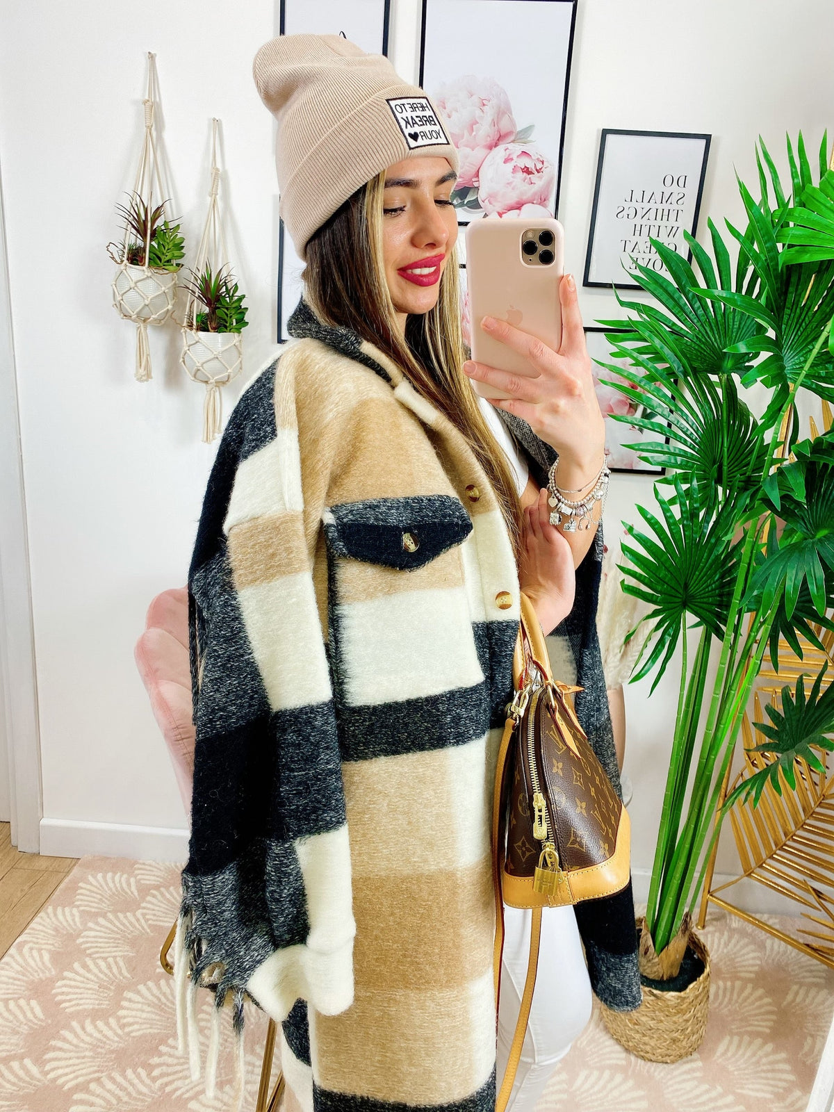Giacca a quadri Beige nero lunga con frange