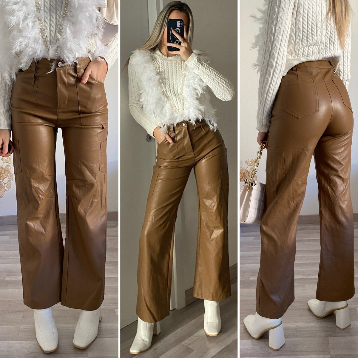 Pantalone cargo in ecopelle nude