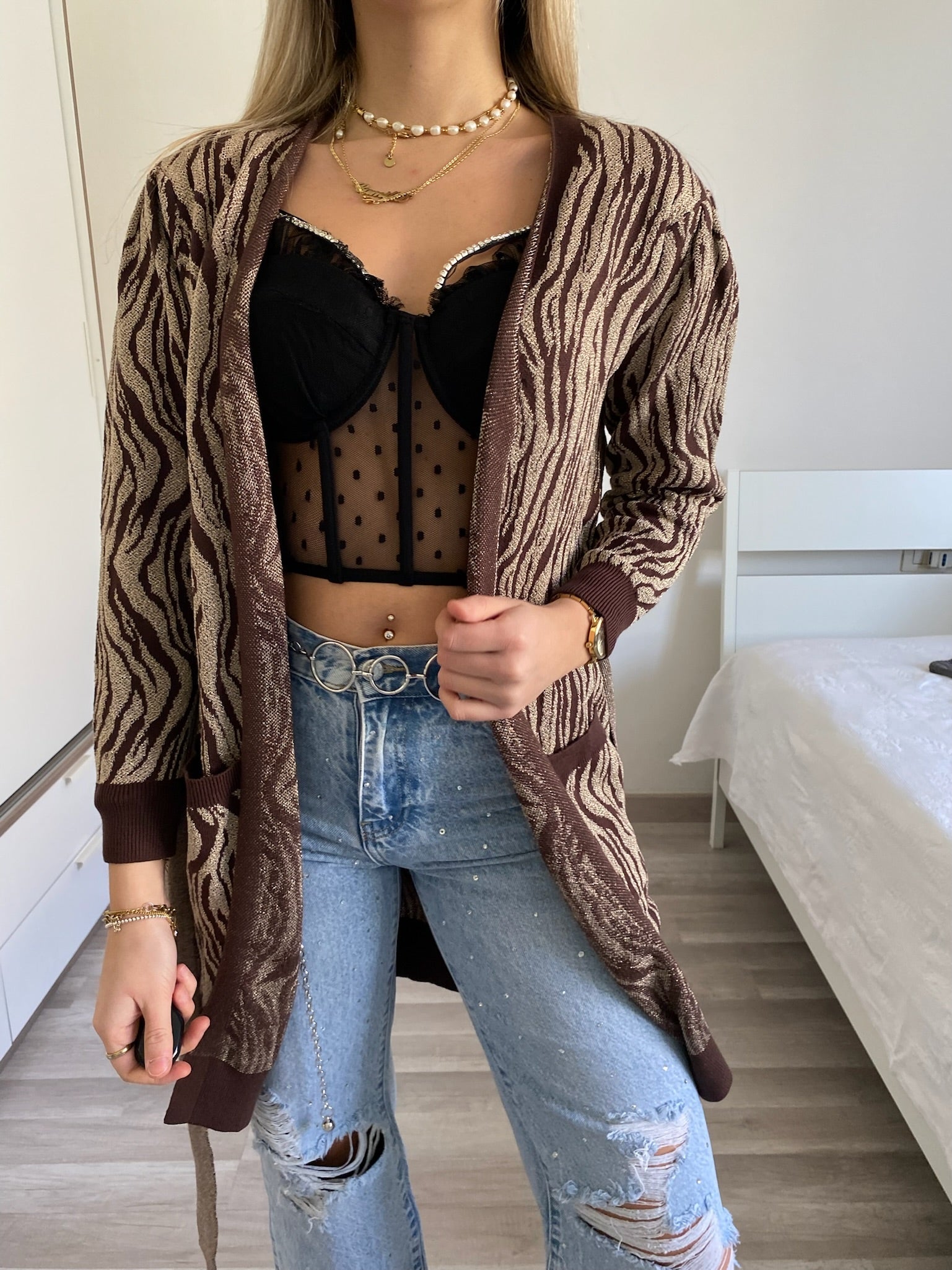 Cardigan in lurex zebrato choco gold