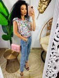 Maglia con spalline bombate e unicorni