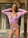 Bikini tre pezzi zebrato con pareo rosa