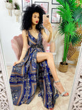 Dress Lungo con maxi spacco blu e arancione