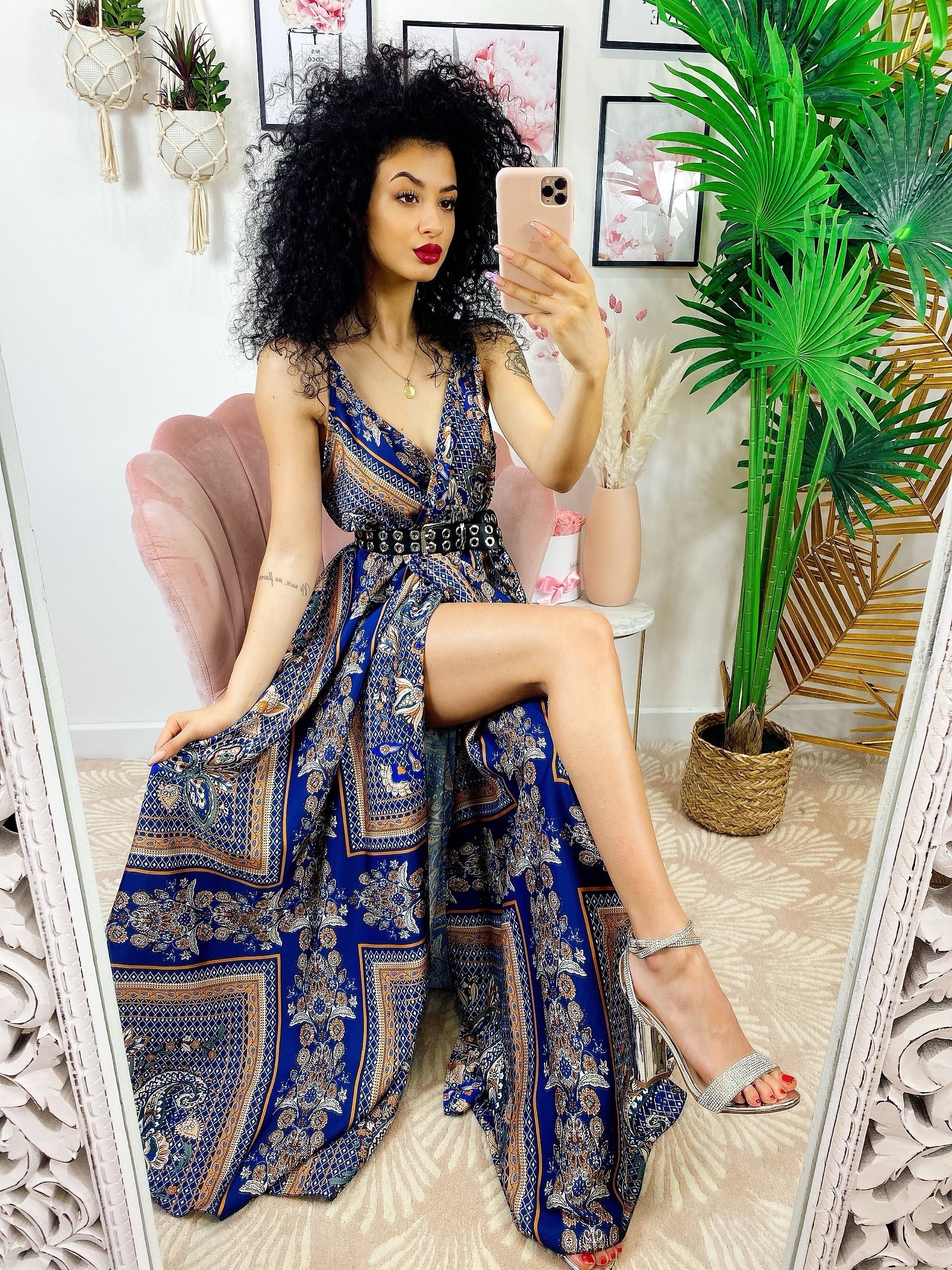 Dress Lungo con maxi spacco blu e arancione