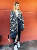 Cardigan Maculato bianco e nero con frange e cinta
