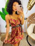 Abito in raso con fiorellini base camel