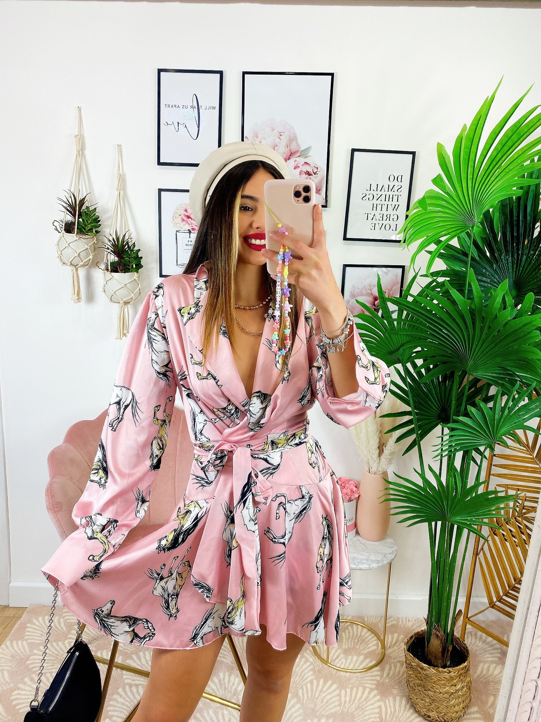 Kimono ad abito stampa cavallo Rosa