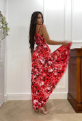 Abito con spacco a fiori rossi