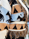 Cardigan corto frange e cinta con cavallo celeste