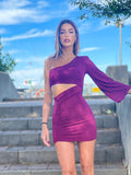 Abito aderente monospalla Bordeaux con manica lunga