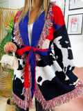 Cardigan con frange rosso blu maculato