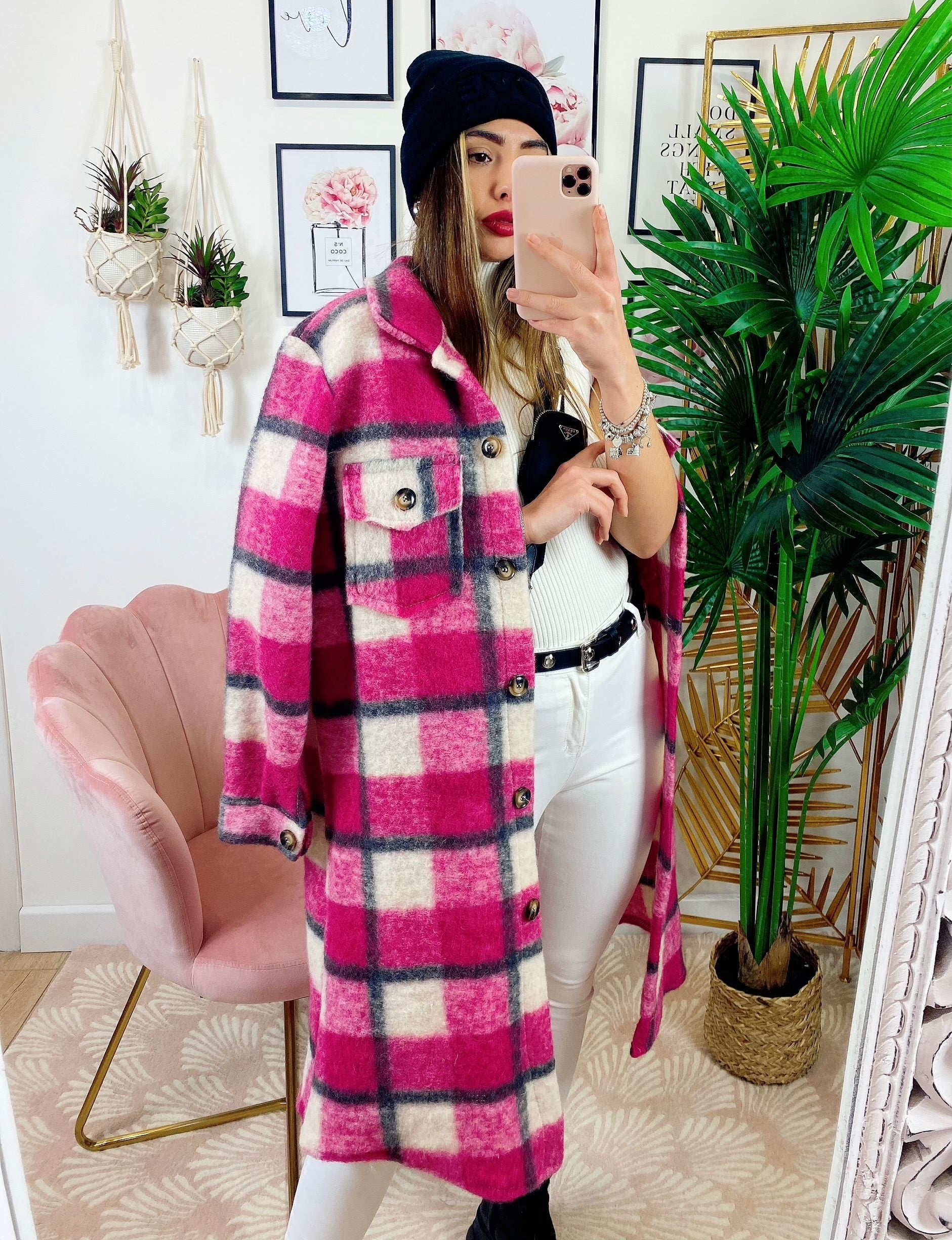Giacca a quadri lunga Fucsia