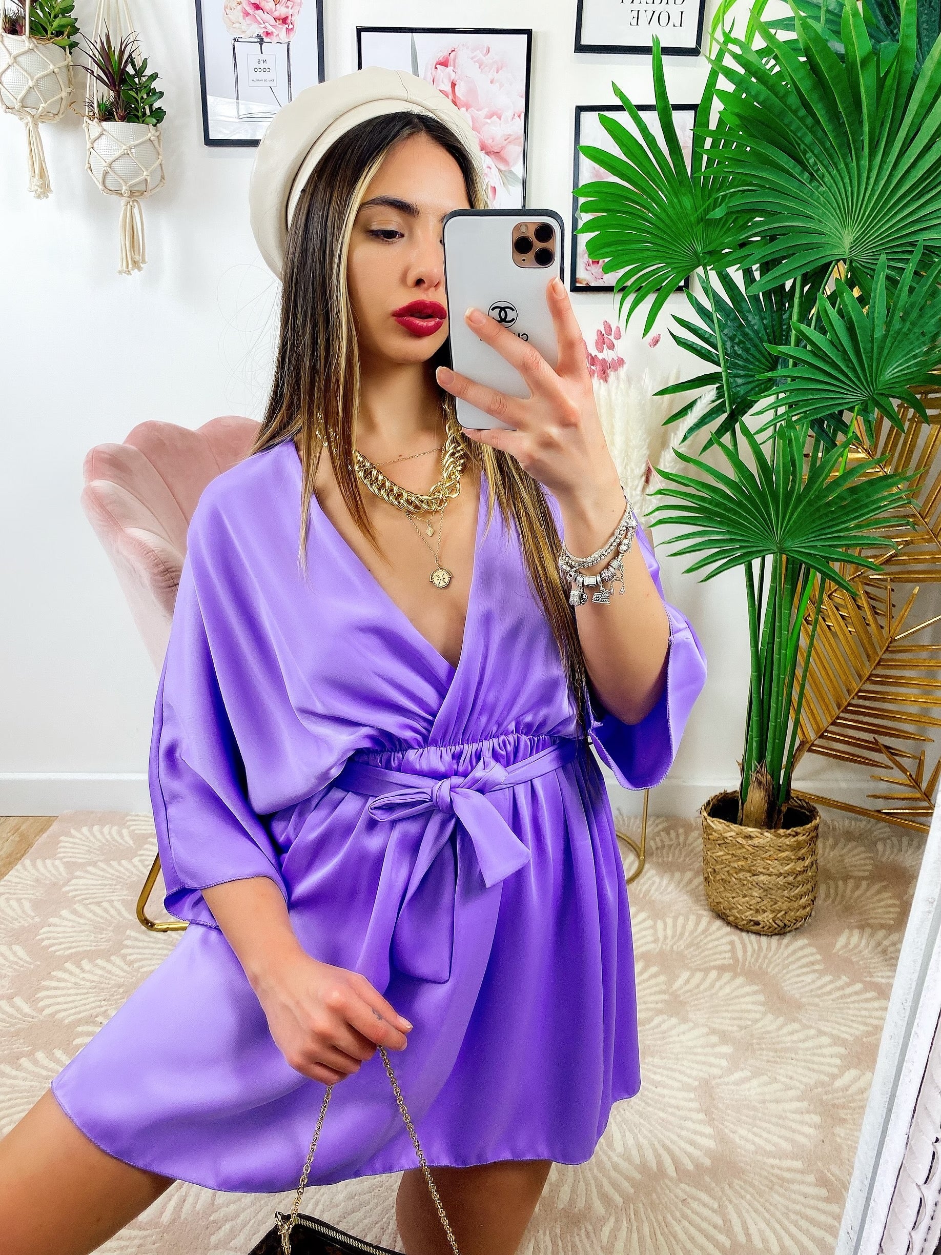 Abito a kimono in raso con cintura