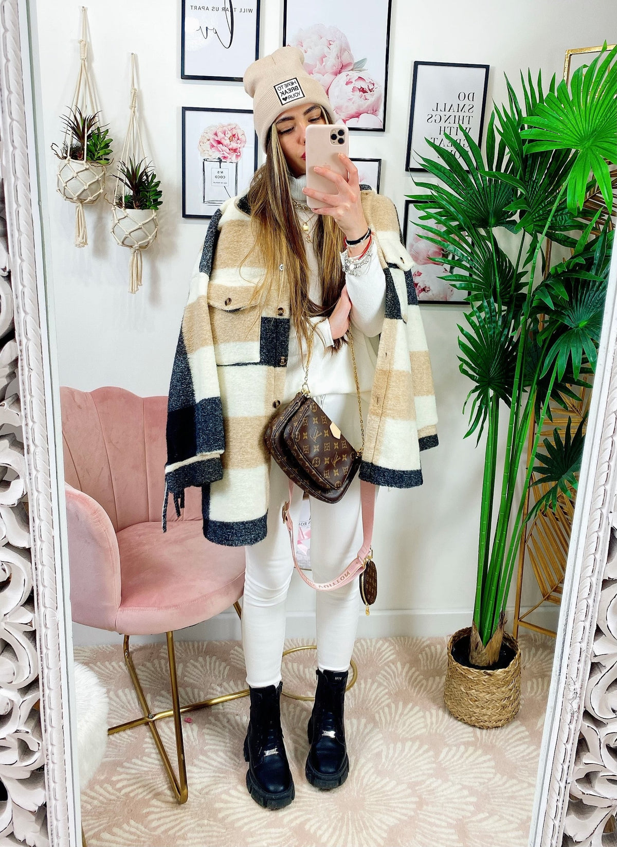 Giacca a quadri Beige con frange