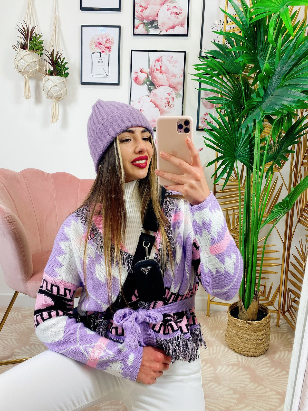 Cardigan Corto Lilla con frange e cinta