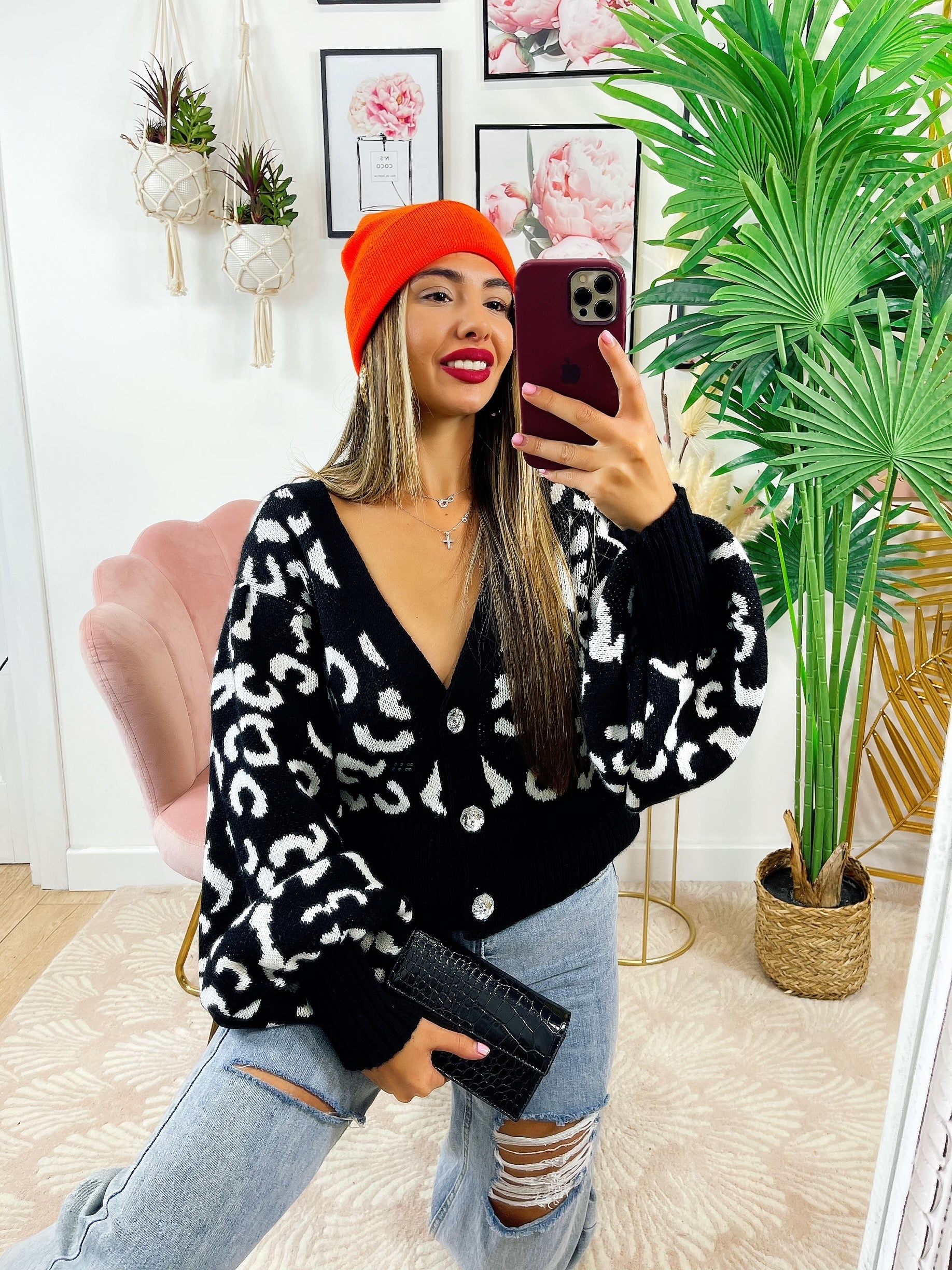 Cardigan maculato Nero con gioiello