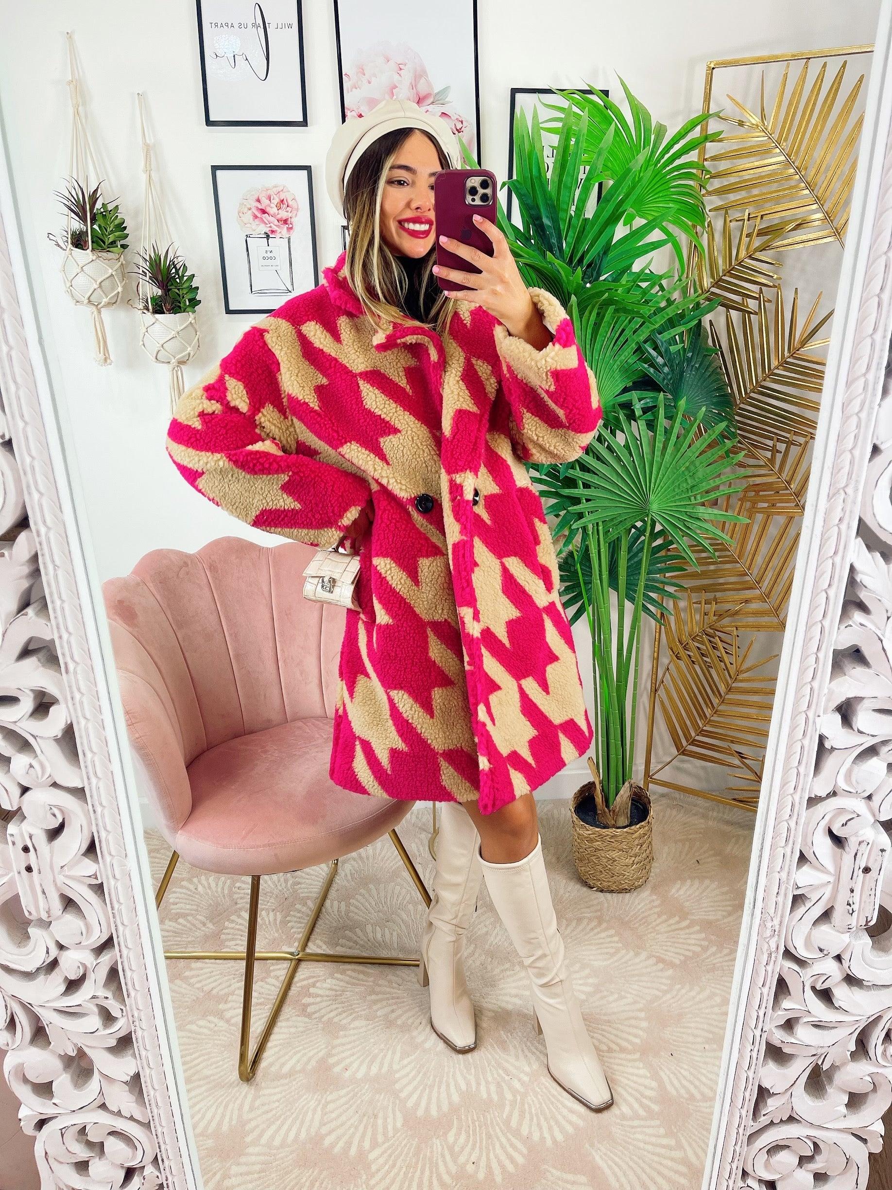 Cappotto pied de poule dettaglio fucsia